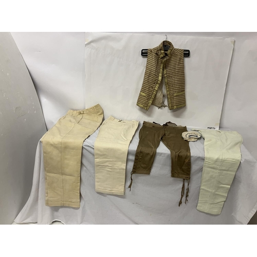 265 - Silk stockinget knee breeches and waistcoat (worn at some stage by Charles Deane) and 1 man's and 2 ... 