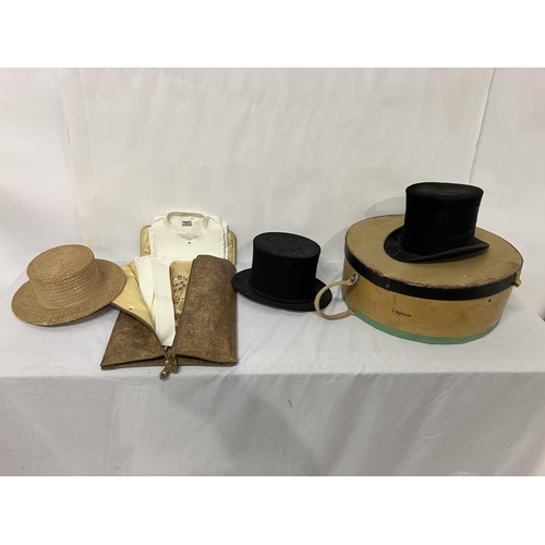 276 - Hat box containing hard top hat from the Munster Arcade Cork together with a folding top hat from Th... 