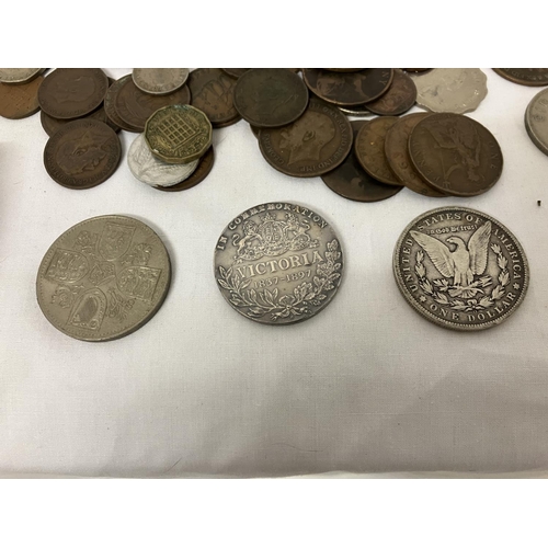 281 - Mixed lot of coins to include 2 American silver dollars 1901, 1922; a Queen Victoria Commemoration c... 