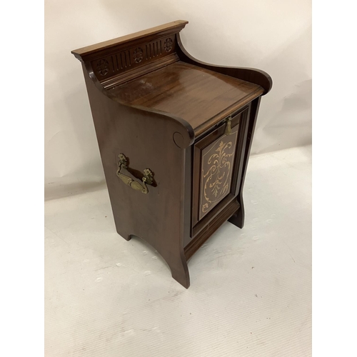 296 - Edwardian inlaid mahogany coal cabinet having good brass handles, needs liner.