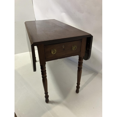 309 - 19th century mahogany drop leaf table fitted with a drawer and raised on ring turned legs.  L. 110cm... 