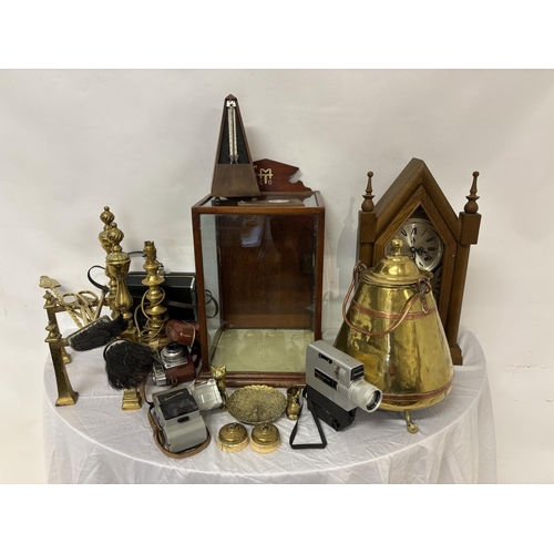 316 - Mixed lot of items to include small display cabinet, clock (not working), brass ware, cameras, etc.