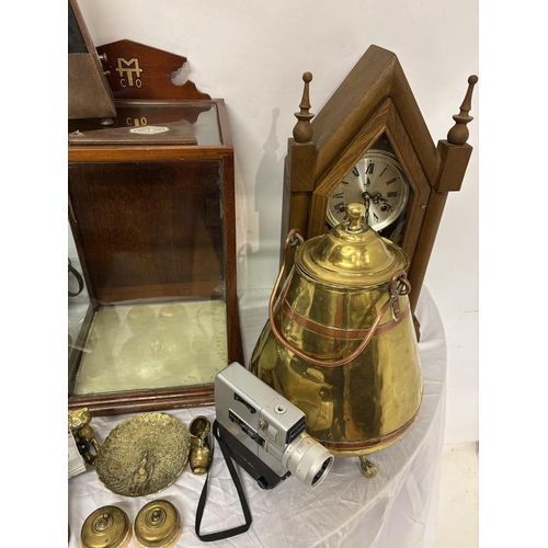 316 - Mixed lot of items to include small display cabinet, clock (not working), brass ware, cameras, etc.