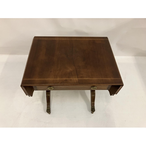 337 - Inlaid mahogany drop leaf occasional table. 60cm x 45cm leaves down, H. 54cm.