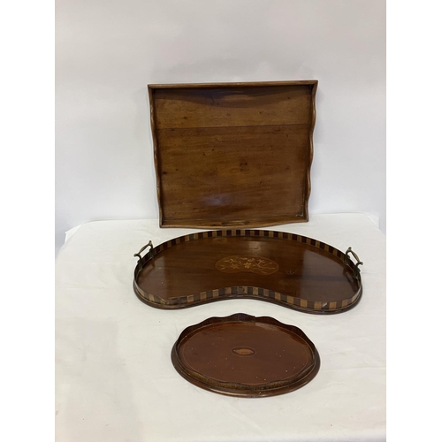 36 - Mahogany butlers tray, kidney shaped tray and small oval shaped tray. (3)