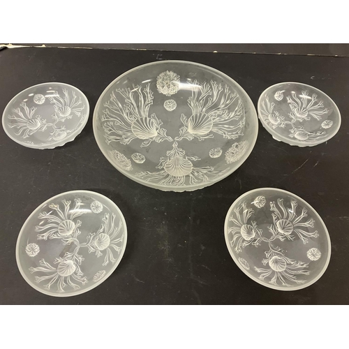 37 - Large frosted glass dish with shaped decoration and four smaller matching bowls.