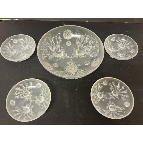 37 - Large frosted glass dish with shaped decoration and four smaller matching bowls.