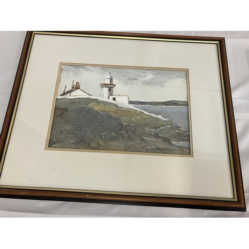 391 - A group of 3 pictures. Watercolour of Youghal lighthouse, a photo of Merlin and an oil Winter landsc... 