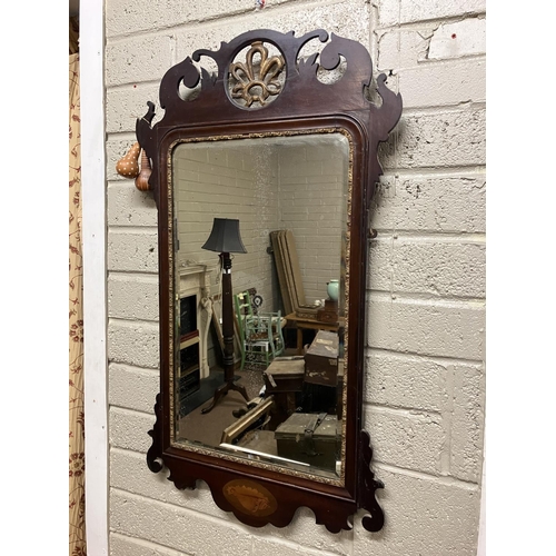 41 - Antique mahogany pier mirror with inlay and gilt decoration. L. 103cm, W. 57cm.