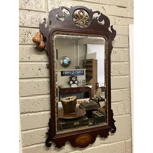 41 - Antique mahogany pier mirror with inlay and gilt decoration. L. 103cm, W. 57cm.