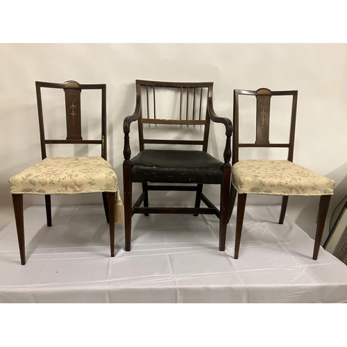 414 - Pair of antique side chairs and a carver chair. AF.