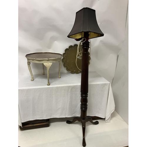 48 - Antique mahogany floor lamp, occasional table and large brass tray.