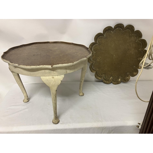 48 - Antique mahogany floor lamp, occasional table and large brass tray.