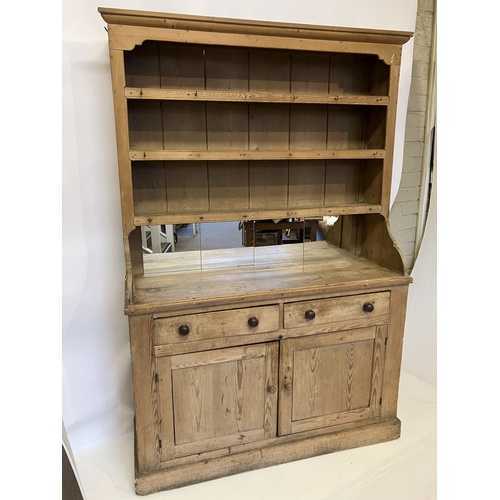 70 - Old Irish pine kitchen dresser having 3 shelves and the base fitted with drawers and cupboards. H. 2... 