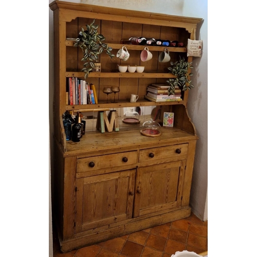 70 - Old Irish pine kitchen dresser having 3 shelves and the base fitted with drawers and cupboards. H. 2... 