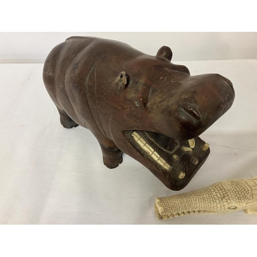 77 - Decorative casket (no lid), carved hippopotamus and effects.