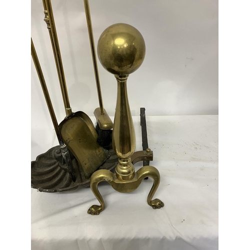 79 - Small brass nursery fender, brass fire irons, large brass fire dogs, fan shaped fire screen and bras... 