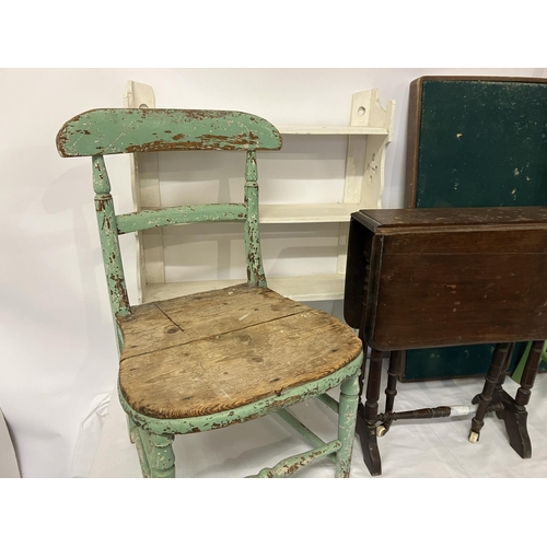 8 - A lot of furniture - painted chairs, bridge and drop leaf tables and a wall shelf rack.