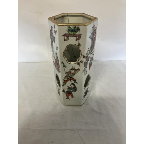 85 - Antique 6 sided Chinese vase, damaged. H. 28cm, diameter 11cm approx.