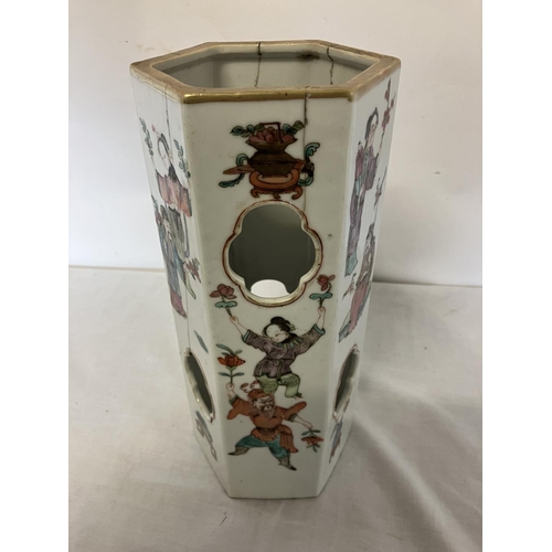 85 - Antique 6 sided Chinese vase, damaged. H. 28cm, diameter 11cm approx.