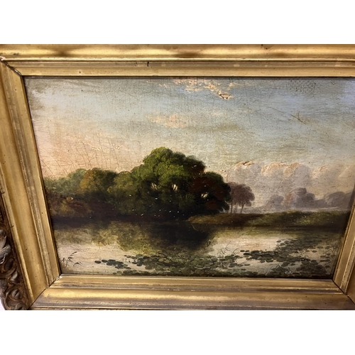 88 - 19th century painting, landscape in gilt frame, oil on board. 
25cm x 35cm.