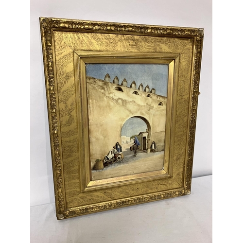 91 - Maxwell RSW,
Village scene with figures,
Watercolour,
Signed,
In decorative gilt frame.
40cm x 30cm.