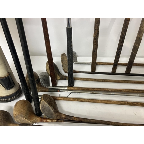 93 - A good collection of old golf clubs with various makers names - T. Morris, J. Webb, J. Fulford, Ches... 