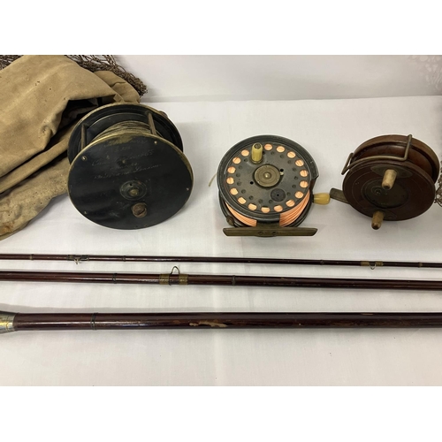 94 - Collection of fishing rods and reels and landing net - The Silex No.2, Hardy's, Charles Farlo Patent... 