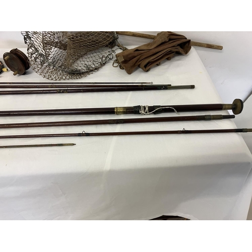 94 - Collection of fishing rods and reels and landing net - The Silex No.2, Hardy's, Charles Farlo Patent... 