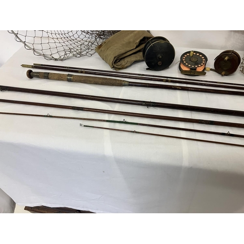 94 - Collection of fishing rods and reels and landing net - The Silex No.2, Hardy's, Charles Farlo Patent... 