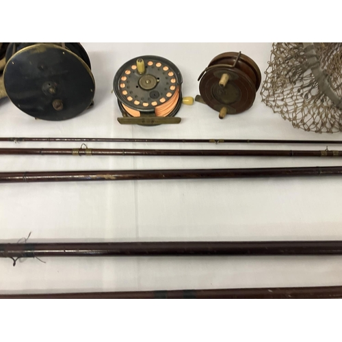 94 - Collection of fishing rods and reels and landing net - The Silex No.2, Hardy's, Charles Farlo Patent... 