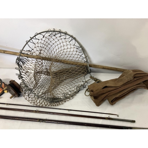 94 - Collection of fishing rods and reels and landing net - The Silex No.2, Hardy's, Charles Farlo Patent... 