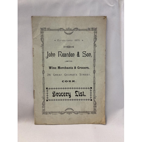 142 - Interesting grocery list pamphlet for John Rearden & Son, 26 Great Georges Street, Cork.