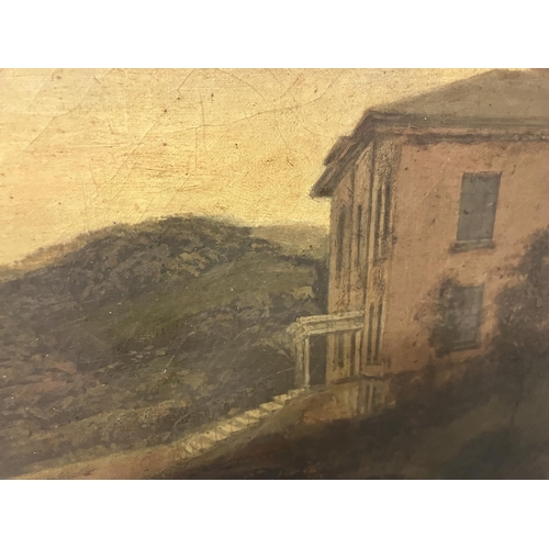 255 - Cork scene - A large painting of a house overlooking an estuary, oil on canvas with gilt frame and a... 