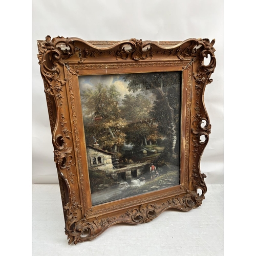 260 - A large painting in decorative frame, Children fishing in a stream by a house. Overall size - 145cm ... 