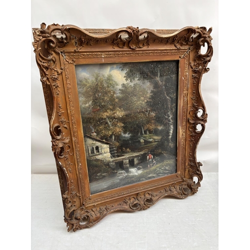 260 - A large painting in decorative frame, Children fishing in a stream by a house. Overall size - 145cm ... 