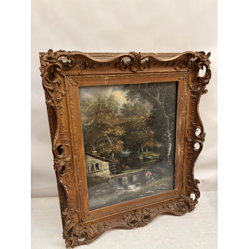 260 - A large painting in decorative frame, Children fishing in a stream by a house. Overall size - 145cm ... 