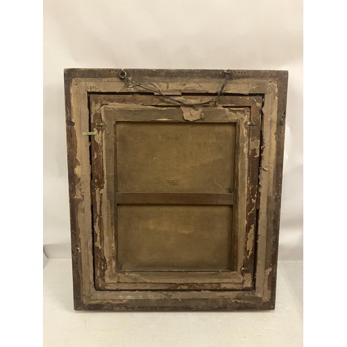 260 - A large painting in decorative frame, Children fishing in a stream by a house. Overall size - 145cm ... 