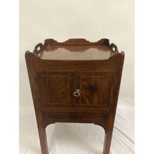 262 - Georgian mahogany bedside locker or lamp table, the gallery top over two cupboard doors and slim dra... 