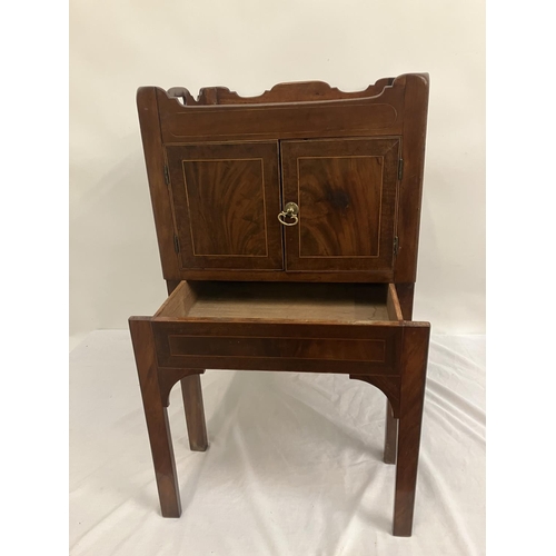 262 - Georgian mahogany bedside locker or lamp table, the gallery top over two cupboard doors and slim dra... 