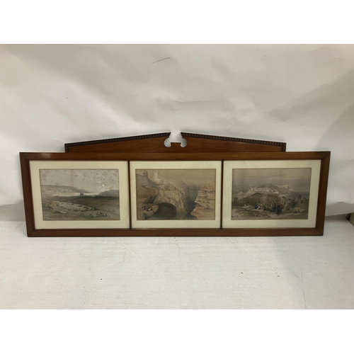 288 - A set of 3 coloured views of scenes from the Holy Land in long rectangular mahogany frame.  185cm x ... 