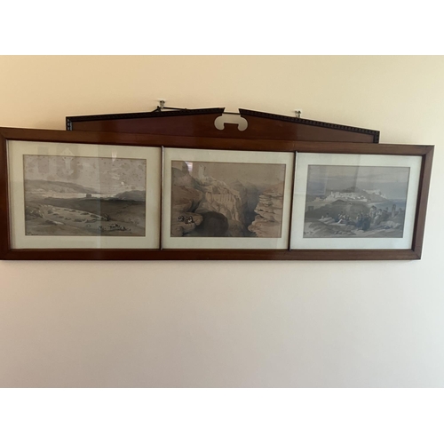 288 - A set of 3 coloured views of scenes from the Holy Land in long rectangular mahogany frame.  185cm x ... 