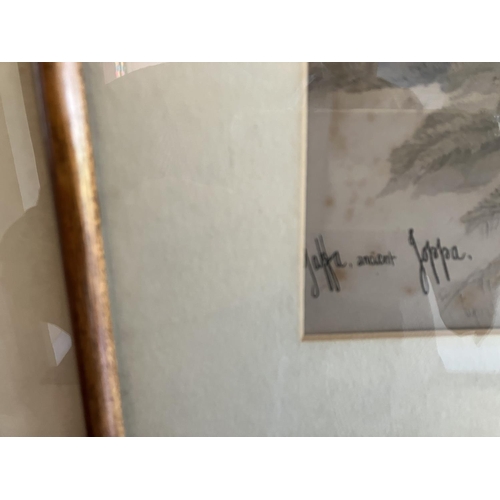 288 - A set of 3 coloured views of scenes from the Holy Land in long rectangular mahogany frame.  185cm x ... 