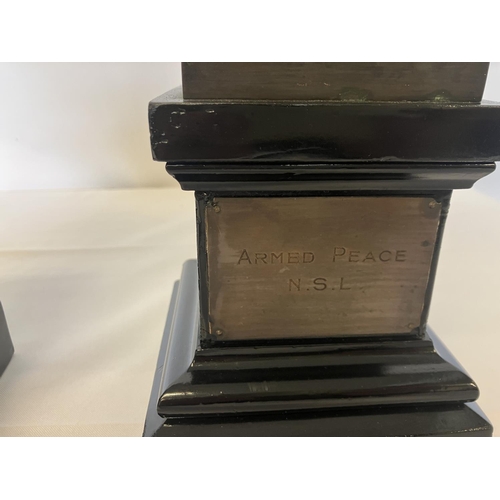 344 - A pair of bronze figures on plinths - Armed Peace and Armed Science - inscribed on reverse Goldsmith... 