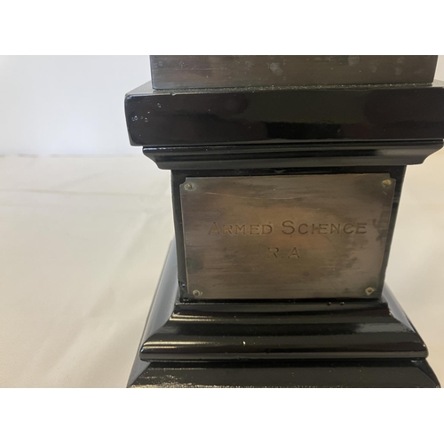 344 - A pair of bronze figures on plinths - Armed Peace and Armed Science - inscribed on reverse Goldsmith... 