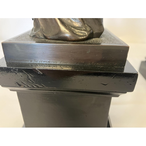 344 - A pair of bronze figures on plinths - Armed Peace and Armed Science - inscribed on reverse Goldsmith... 