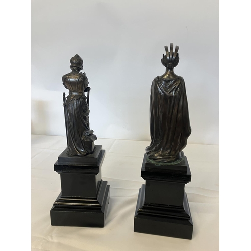 344 - A pair of bronze figures on plinths - Armed Peace and Armed Science - inscribed on reverse Goldsmith... 