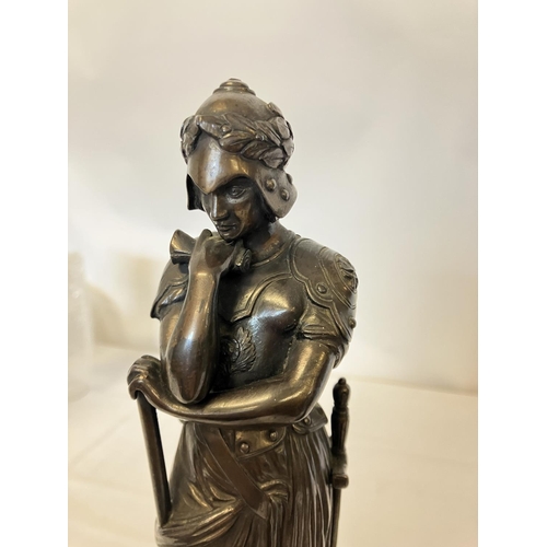 344 - A pair of bronze figures on plinths - Armed Peace and Armed Science - inscribed on reverse Goldsmith... 