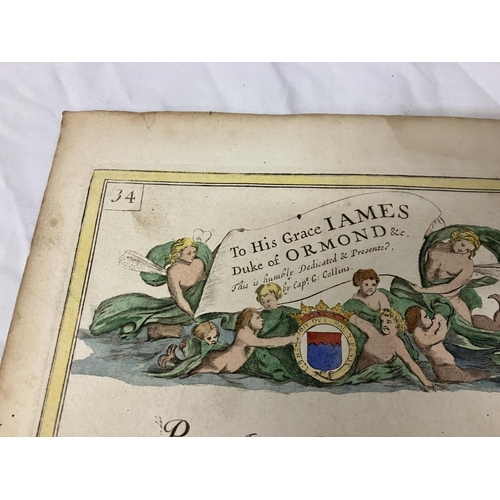 352 - An antique chart of Dublin Bay presented to his Grace James Butler, Duke of Ormond. 50cm x 60cm.