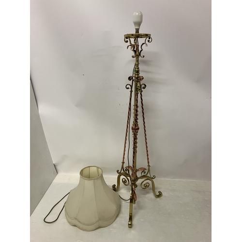 64 - Antique brass and copper floor lamp and shade.